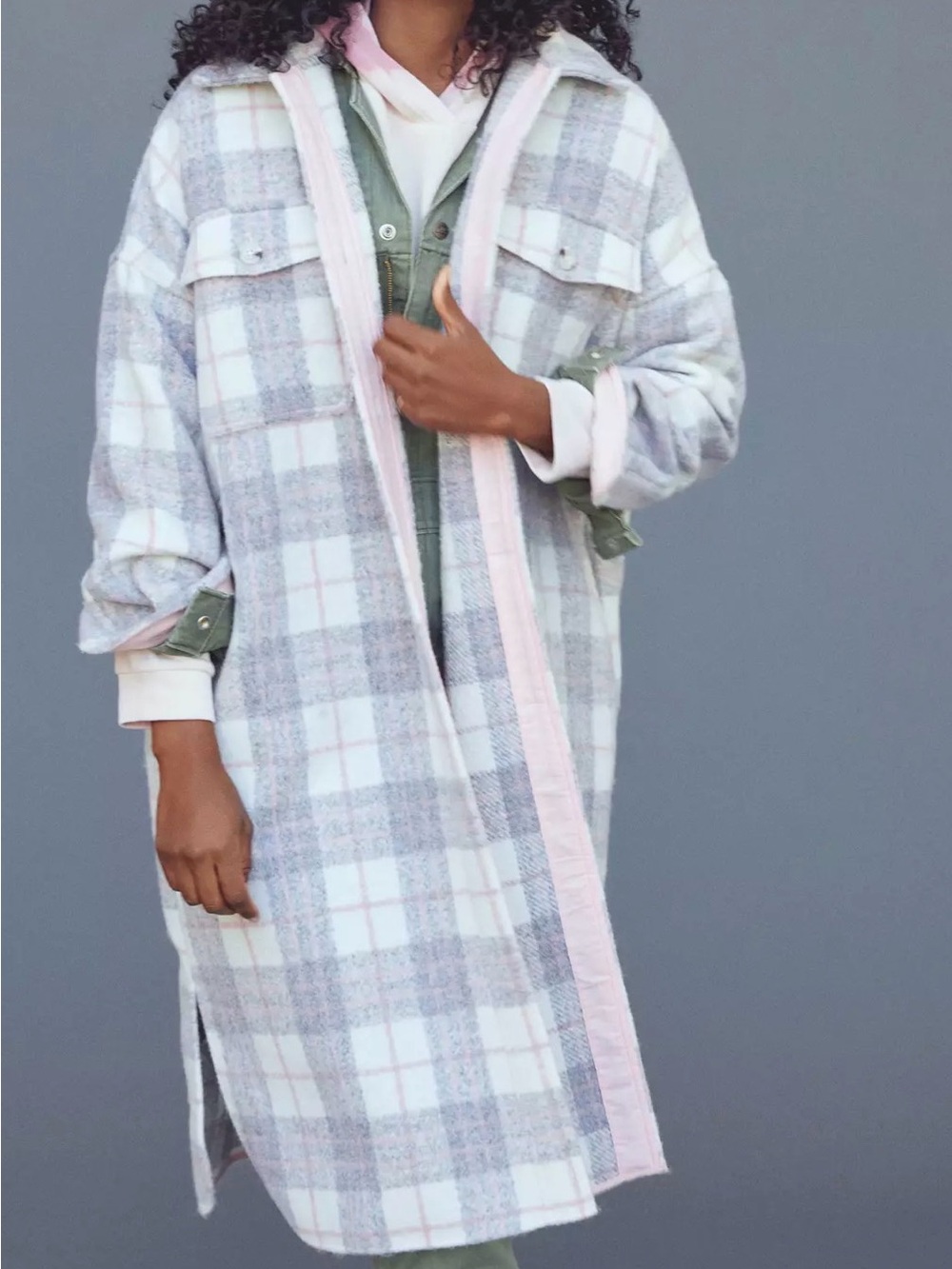 Anthropologie If By Sea Bobbie Plaid Shirt Jacket Pink & Gray Button Down Small